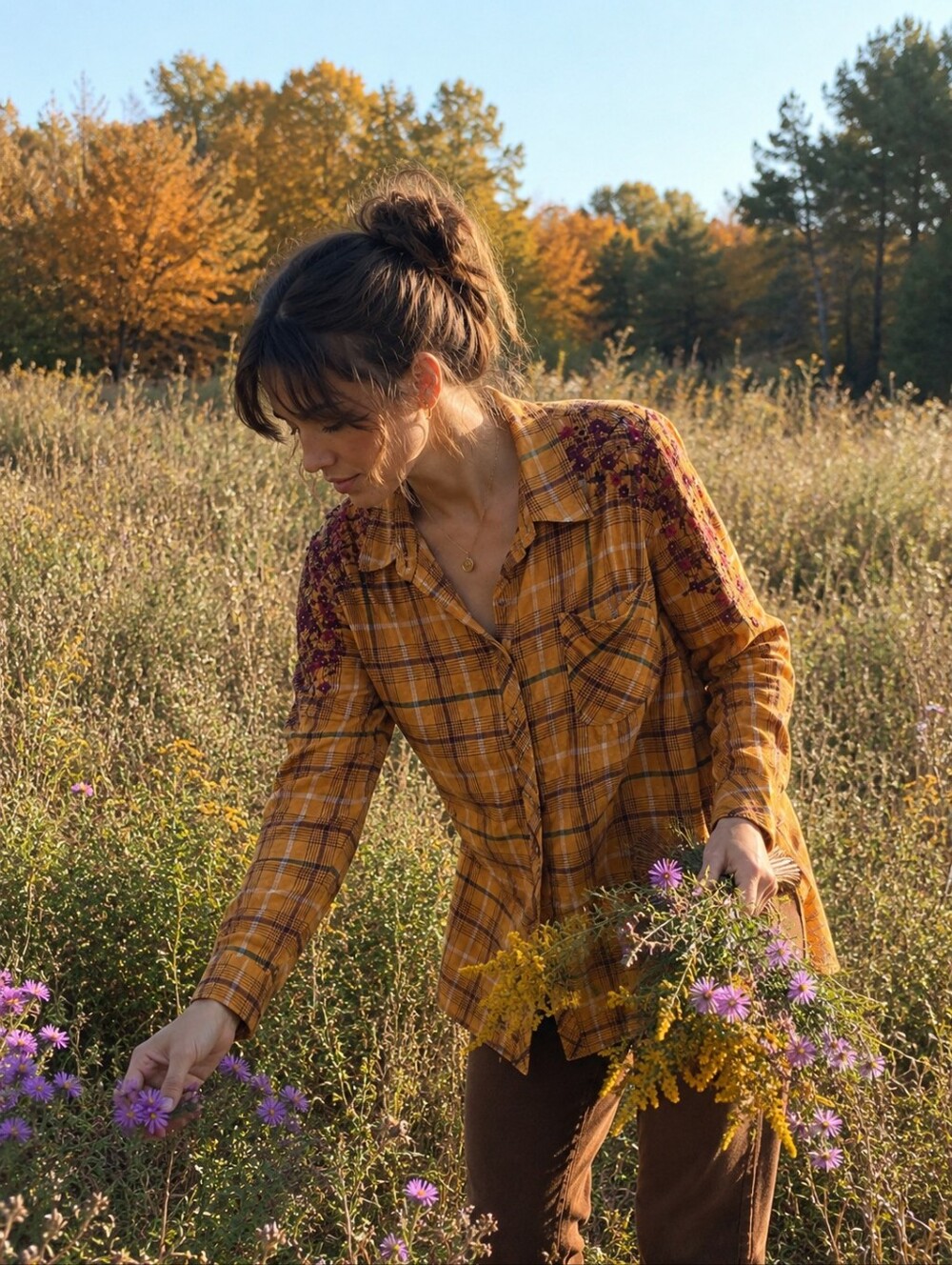 Mustard Plaid Button-Down Women's Top with Embroidered Shoulders